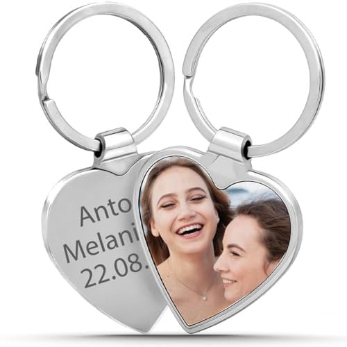 Schlüsselanhänger Personalisiert aus Edelstahl mit Foto & Gravur | Individuelles Fotogeschenk für Männer, Frauen & Partner | Perfekt für Vatertag, Valentinstag & Geburtstage (Herzförmig)