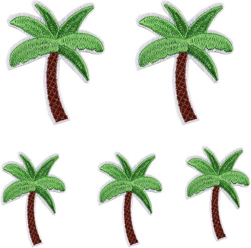 5Pcs Green Embroidered Iron On Patches DIY Accessories, Applique Coconut Palm Tree Embroidered Patch Iron Decorative Patches, Cute Sewing Applique for Jackets, Hats, Backpacks, Jeans