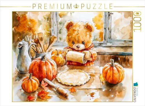 Puzzle · Teddy backt Kürbiskuchen zu Halloween | Gemütliche Aquarellzeichnung von einem Teddybären, der in einer… · 1000 Teile · Lege-Größe 64 × 48 cm · CALVENDO Puzzle