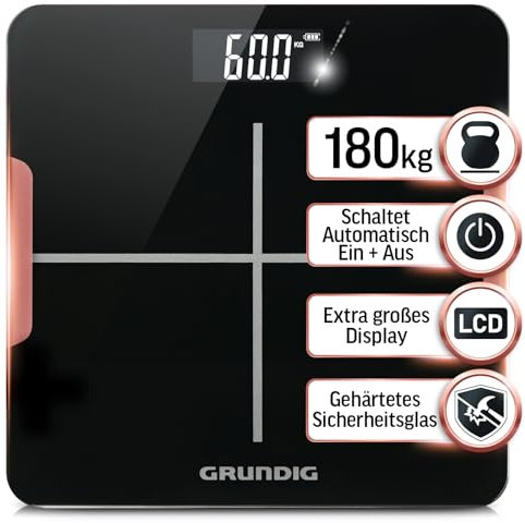 Grundig Personenwaage digital, Körperwaage bis 180 kg mit hochpräzisen Sensoren, Weight Scale, Waage Personen, 5mm gehärtetes Sicherheitslas, LCD-Display mit großen Zahlen, schwarz (ohne Batterien)