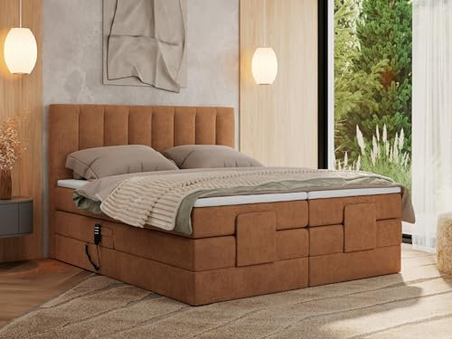 MKS MEBLE Boxspringbett 200x200 elektrisch verstellbar 7-Zonen Taschenfederkern Matratze und Topper Bett 200x200 mit Motor Polsterbett Motorbett - Comforto - Orange Strukture - H3