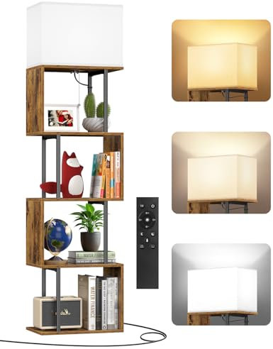 OUTONLIFE 5-Tier Floor Lamp with Shelves & Remote, Dimmable S-Shaped Bookshelf with 3 Color Temperature, 1-Hour Timer, Tall Corner Standing Lamp for Living Room, Bedroom, Office (Rustic Brown)