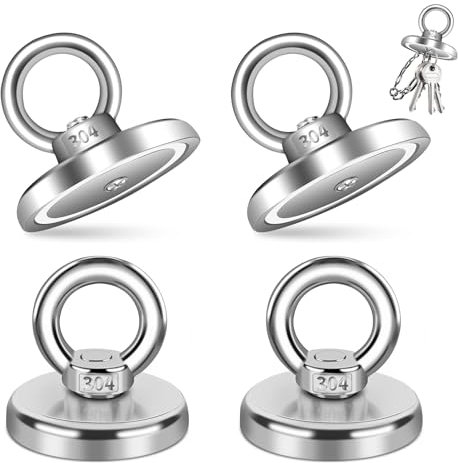 4 Stück Magnete Stark Groß 55kg Neodym Magnet, Stark Neodym Ösenmagnet, Starke Magnetfischen, Magnet Fishing mit Heberinge und Schrauben Durchmesser 42 mm für Entferner, Tag, Laden, Heben und Abholung