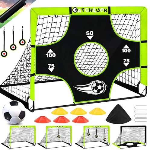 CATCHLUCK Fussballtore für Kinder Garten Pop Up Fussballtor Kinder Fußball Tore Outdoor mit Zielbereichen, DREI Ziele, Fußball, 6 Hindernisse und Tragetasche