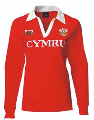 Womens Hannah Ladies Cymru Long Sleeve Classic Welsh Wales Rugby V-Neck Collar Cotton Shirt Top Breathable Quick Dry Lightweight Performance Sports Outdoor