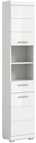 furnling Hochschrank Scott, weiß Hochglanz, 1 Schublade, 2 offene Fächer, 2 Türen, Badezimmerschrank mit 3 verstellbaren Einlegeböden, Höhe 191 cm