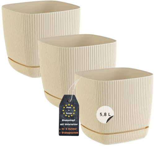 Engelland - 3 x Blumentopf mit Drainagesystem, Untersetzer, Farbe: Beige, Rillenoptik, Pflanz-Topf, Kübel, modern, Kunststoff, quadratisch, 21 x 21 cm, 5,8 Liter