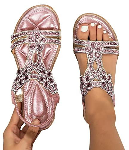 Sandalen Damen Sommer Elegant Boho Flache Sandalen mit Strass Glitzer T-Riemen Sommerschuhe Flip Flops Weichen Sohlen Bequem Sandaletten Freizeit Gummiband Slingback Strandsandalen