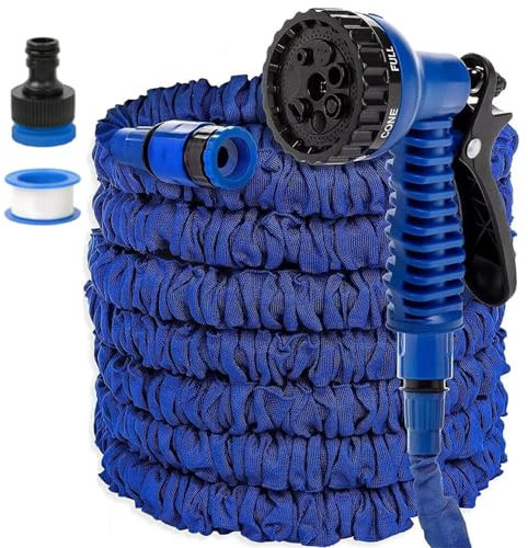 Dehnbarer flexibler Wasserschlauch, 23 m, mit 1/2 und 3/4 Zoll Adaptern, 7 einstellbare Sprühmodi, perfekt für Bewässerung, Autowäsche, Autowaschanlage (Blau)