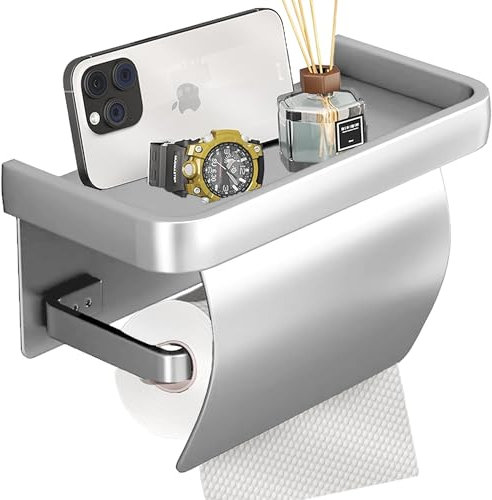 Toilettenpapierhalter Ohne Bohren Silber, Edelstahl Klopapierhalter Ohne Bohren Wird, Wandhalterung für Toilettenpapier aus Aluminiumlegierung, mit Deckel Geliefert, für Badzimmer