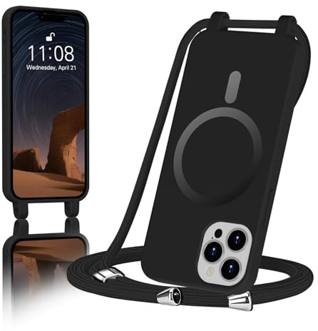ColasGalys für handykette iPhone 15 Pro Hülle mit Band Magnetisch Kompatibel mit Mag Safe für Handyhülle iPhone 15 Pro mit Band Kratzfest TPU Silikon schwarz