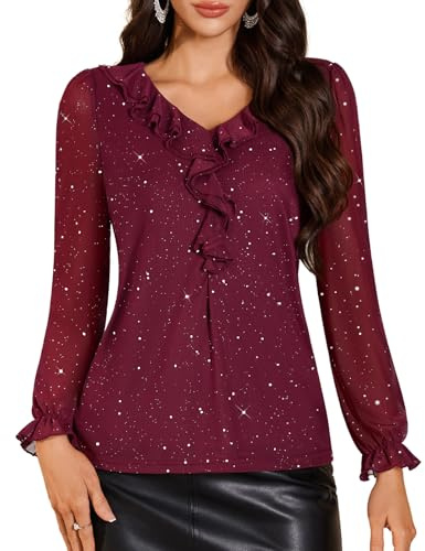 DRESSTELLS Women's Sequin Tops Ruffle V Neck Long Sleeve Double Layers Mesh Sparkly Blouses for Party