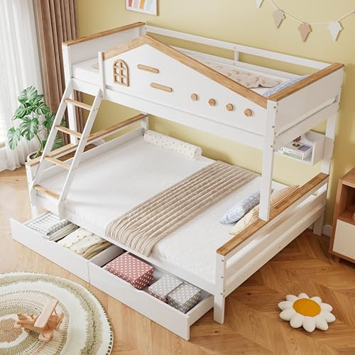 LAKFEW Etagenbett Kinderbett 90x200 cm &140x200cm, Bett mit Stauraum Schubladen, Doppelbett Hochbett mit Fenster und Offenes Regal, Jugendbett mit Leiter und Rausfallschutz, Ohne Matratze, Weiß