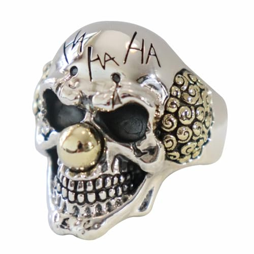 Two Tone Tone Real 925 Sterling Sterling Clown Joker Skull Ring Gothic Schmuck für Männer Frauen Open Verstellbar