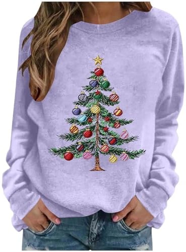 Keepink Christmas Tops for Women UK Funny Christmas Tree Print Jumpers Festive Graphic Long Sleeve Regular Fit Sweatshirt Holiday Casual Pullover Shirts Comfort Loose Fleece Sweater
