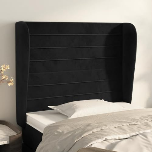 Owoxanthellate Bettkopfteil mit Ohren Schwarz 103 x 23 x 118/128 cm Hochglanz Samt Höhenverstellbar Modernes Design für Schlafzimmer Double Bed
