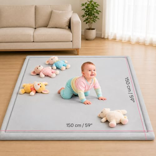 Krabbelmatte Baby 150x150 cm Memory-Foam Spielmatte für Kleinkinder | 3 cm dick mit rutschfester Unterseite pflegeleicht und geeignet ab der Geburt, Grau
