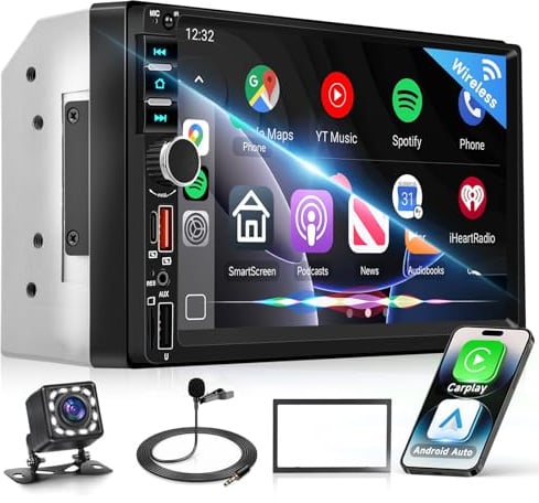 VECHEL Autoradio da 7 pollici 2-DIN con CarPlay wireless, Android Auto, radio FM con Bluetooth, navigazione GPS, 2 porte USB/Type-C/SD, video online, touchscreen IPS con telecamera posteriore.