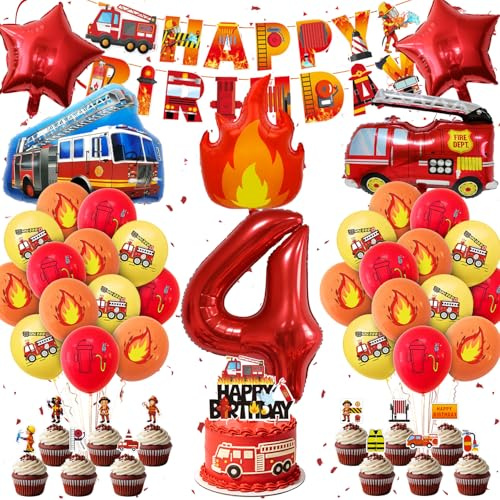 Feuerwehr Geburtstag Deko Set Feuerwehrauto Geburtstagsdeko Party Deko | mit Luftballons, Zahlenballon, Folienballon, Banner und Cake Topper für Partydekorationen(4)