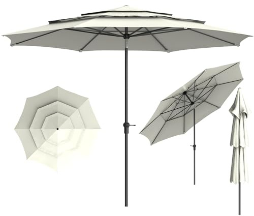 WoRaum Sonnenschirm Ø 300cm,3-stöckiger Sonnenschirm,Gartenschirm,Terrassenschirm mit Kurbel,Windfest,Stabil,Balkonschirm,Marktschirm für Balkon Strand,Terrasse,Weiß