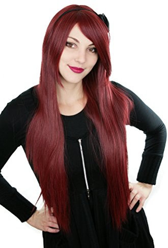 Prettyland Damen 80cm Langhaar Glatt Anime Cosplay Perücke Dunkelrot Weinrot/Burgundy Rot C918