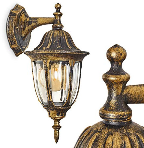 Außenwandleuchte Ribadeo, Wandlampe abwärts in antikem Look, Aluguß in Schwarz/Gold m. Klarglas-Scheiben, Wandleuchte m. E27-Fassung, Retro/Vintage Außenleuchte für Terrasse u. Hof, ohne Leuchtmittel