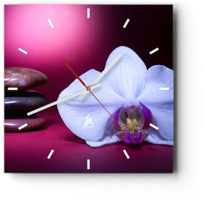 Modern Wanduhr Spa braune Steine weiße Orchidee 30x30cm Quadrat Klein Wand Uhr Glas Analog Zimmeruhren Küche Büro Wohnzimmer Glasuhr Wall Clock Dekoration Design Küchenuhr C3AC30x30-0425