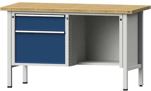 ANKE | Werkbank | Gestellbauweise Serie V | 2 Schubladen | ½ Ablageboden | Höhe 890 mm | Buche massiv