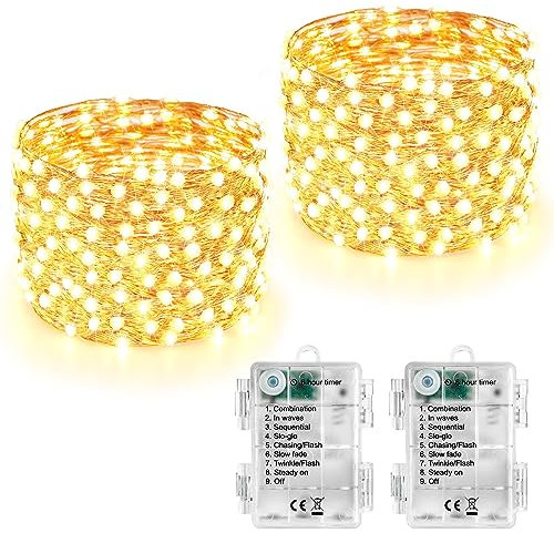 Joomer Lichterkette Batterie 5M, 2 Stück 50 LED Silberfaden Weihnachtsbeleuchtung Außen Timer, 8 Modi Lichterkette Weihnachtsbaum Weihnachtsdeko Wasserdicht für Innen Garten Party Festival, Warmweiß