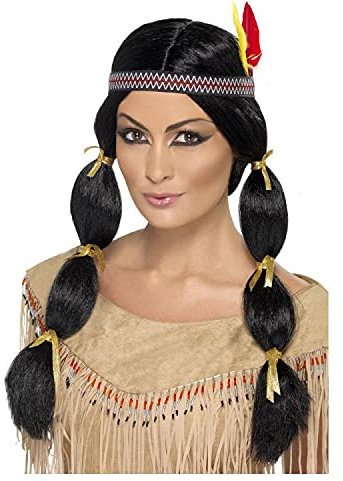 WOOOOZY NEU Perücke Damen Indianerin mit Federstirnband und Zwei gefochtenen Zöpfen, schwarz - mit Haarnetz