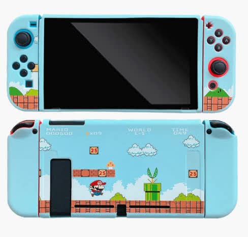Nintendo Switch Hard Shell Plastic Protective Cover Case Light Blue Old School SNES Mario Design