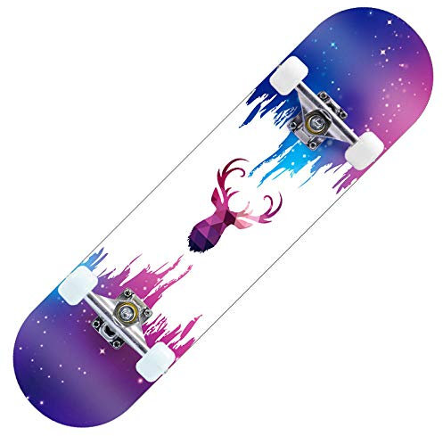 Skateboard Lila Blauer Elch Skateboard Kinder ab 8 Jahre 80x20cm 7-Lagigem Ahornholz Longboard Double Kick Komplett für Anfänger Jungen Mädchen Erwachsene Profi Penny Board