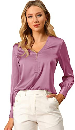Allegra K Damen Elegant Satin Langarm Vintage Arbeit Bluse Shirt, Lila Pflaume, 38