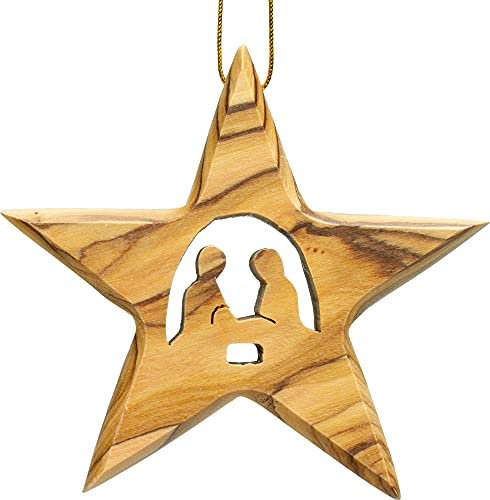 SIKORA BS-OH Baumschmuck Olivenholz Anhänger aus Bethlehem - 28 Modelle wählbar, Olivenholz:No.26 Stern Handgeschnitzt mit Krippenmotiv H ca 8cm