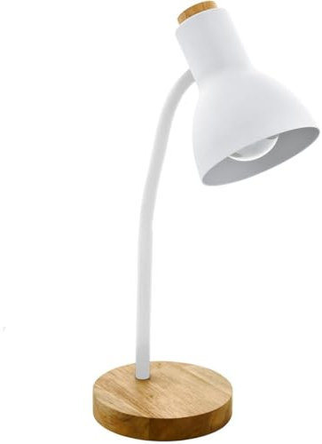 EGLO Tischlampe Veradal, 1 flammige Schreibtischlampe, skandinavisch, Tischleuchte aus Metall, Kunstsoff in Weiß, Holz in Braun, Bürolampe, Lampe mit Schalter, E27 Fassung