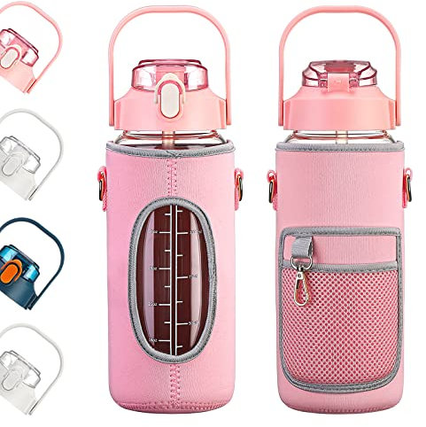 Bottiglia d'acqua in vetro 1587 ml, custodia e tracolla grande bicchiere riutilizzabile in vetro motivazionale cannuccia indicatore del tempo coperchio della maniglia tenuta stagna senza BPA, rosa