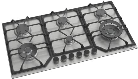 PremierTech Piano Cottura a Gas 6 fuochi, 90 cm, Acciaio Inox, Incasso 83 x 49cm, Doppio Bruciatore Wok, Supporti in Ghisa professionali, predisposto Metano e Kit Ugelli GPL inclusi, PC906