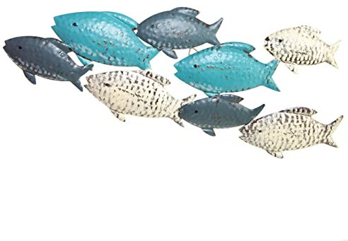 Wandbild Fische: Maritime Deko aus Metall, Wanddeko Fischschwarm, Meeres-Dekoration Badezimmer & Wohnzimmer, Meer, Strand, Sommer, Maritim, Zum Aufhängen Bad, Maritimdeko Innen, 48,5 x 23 x 2,5 cm