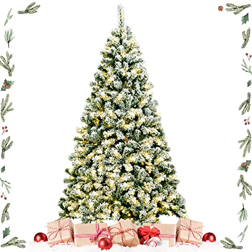 GYMAX Albero di Natale Slim Illuminato 180 cm, 250 LED Incorporate, Luce Calda Bianca, 928 Rami Innevati in PVC, Supporto Pieghevole, Ideale per Casa/Ufficio/Negozio