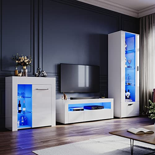 ELEGANT High Gloss White Living Room Set TV Stand Sideboard Display Cabinet(187cm) Multicolour LED Lights,UK Power Adapter Included