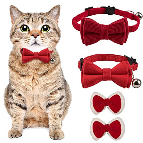 URROMA 2 Stück Katzenhalsband mit Glöckchen und Fliege, verstellbare Polyesterfaser-Katzenhalsbänder, Sicherheitsfliege, solide Hochzeit, Weihnachten, rote Katze, Fliege, Halsband, Größe S