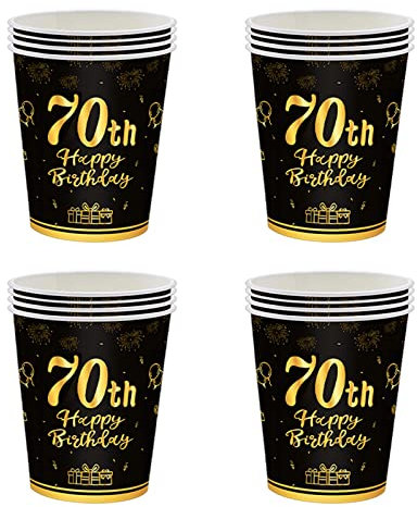 16 PCS Gobelets Jetables Anniversaire,Gobelets Carton Jetables Decoration Anniversaire 70 Ans,Kit Vaisselle Jetable Anniversaire Homme/Femme,Joyeux Anniversaire Decoration Anniversaire Noir et Or