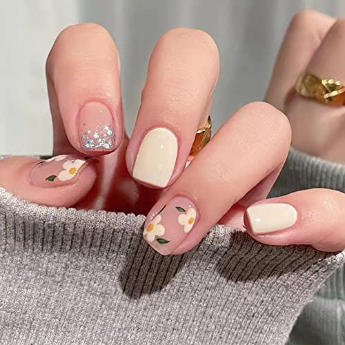 NICENEEDED Cute Press On Nails Carré Court, Faux Ongles Couverture Complète Fleur Jaune, Bâton de Paillettes Brillantes Sur les Ongles avec des Autocollants de Colle à Ongles Bâton en Bois pour Outil