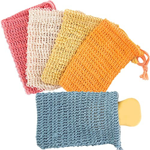 qingmeng Seifensäckchen, 5 Stück Seifenbeutel Natur, Sisal Seifensack Dusche 5 Farben 10x14cm Seifennetz Seifentasche mit Kordelzug Bio Seifensäckchen für Feste Seife und Festes Shampoo