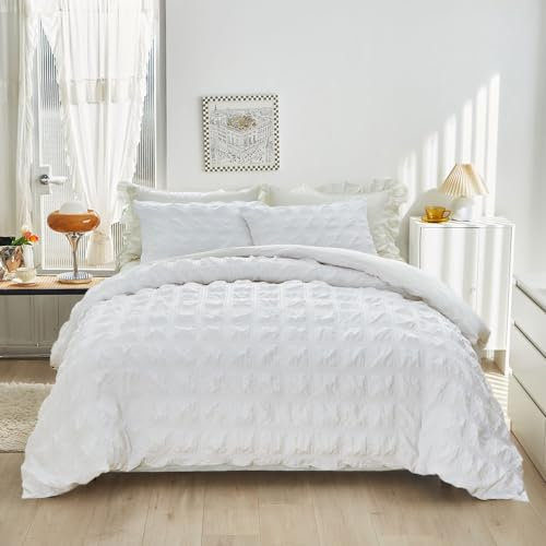 YASMENG Seersucker Bettwäsche 135x200 Weiß Kariert Bettbezug Set Weich Atmungsaktiv Mikrofaser Bettwäsche Modern Romantisch Bettwäsche Sommer 2teilig mit Reißverschluss und 80x80 cm Kissenbezug