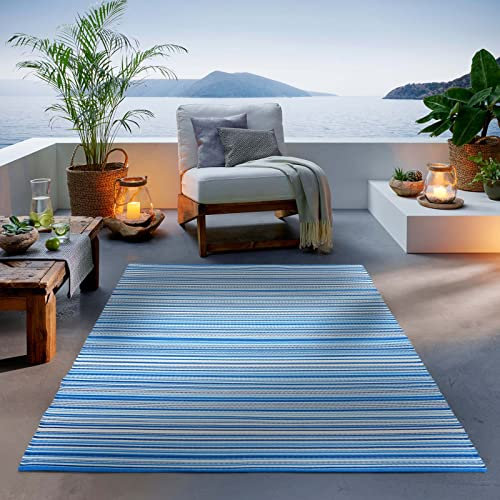 TacaHome Outdoor Teppich I Wetterfest Für Drinnen und Draußen I Terrasse Balkon Garten Wohnzimmer Badezimmer Küche Flur Läufer | 190 x 290 cm Türkis Streifen