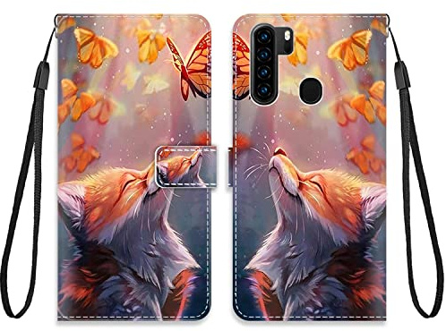 KARTXITAI Hülle Kompatibel mit Blackview A80 Plus/A80 Pro,Leder Handyhülle mit Kartenfach Geld Slot Ständer PU Ledertasche Wallet Flip Magnetische Muster Schutzhülle-Fuchs,Schmetterling