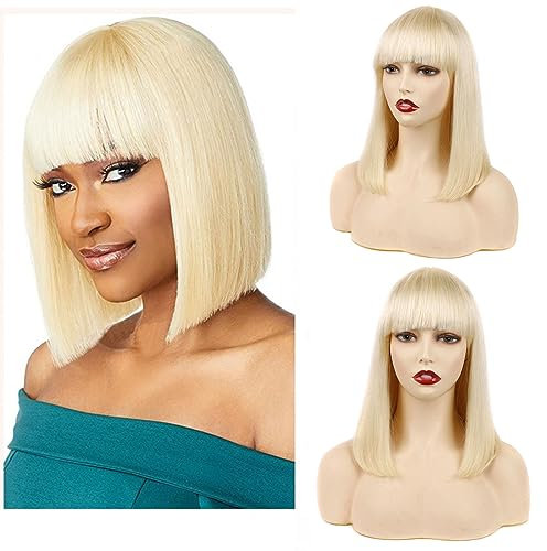 Huarisi 613 Straight Bob Wigs Human Hair with Bangs, 12 Inch Short Blonde Wigs None Lace, 8a Grade Brazilian Virgin Hair Wigs for Women Machine Made 150 Density Can be Trimed