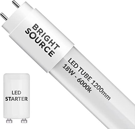 Bright Source 4ft (1199mm) 18w LED T8 Tube, 1800lm, 6000K Daylight White, Replacement for 36w T8 Fluorescent, Starter Included - Direct Mains or for use with Switch Start Fitting with Magnetic Ballast