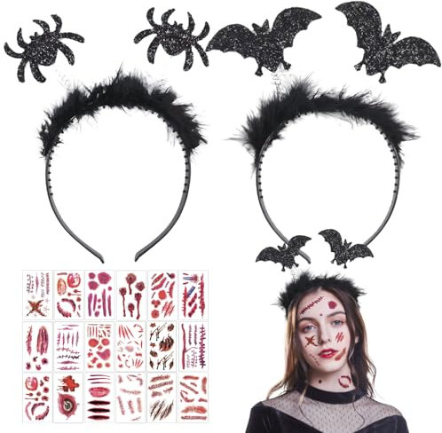 Leonshco Lot de 2 serre-têtes d'Halloween pour adultes et enfants, motif vampire, araignée, chauve-souris, 20 autocollants de tatouage, serre-tête cosplay, accessoires de cheveux pour farces, costume